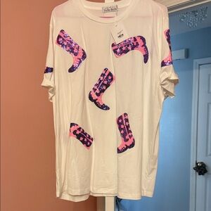 White Tee with Pink Boot Design